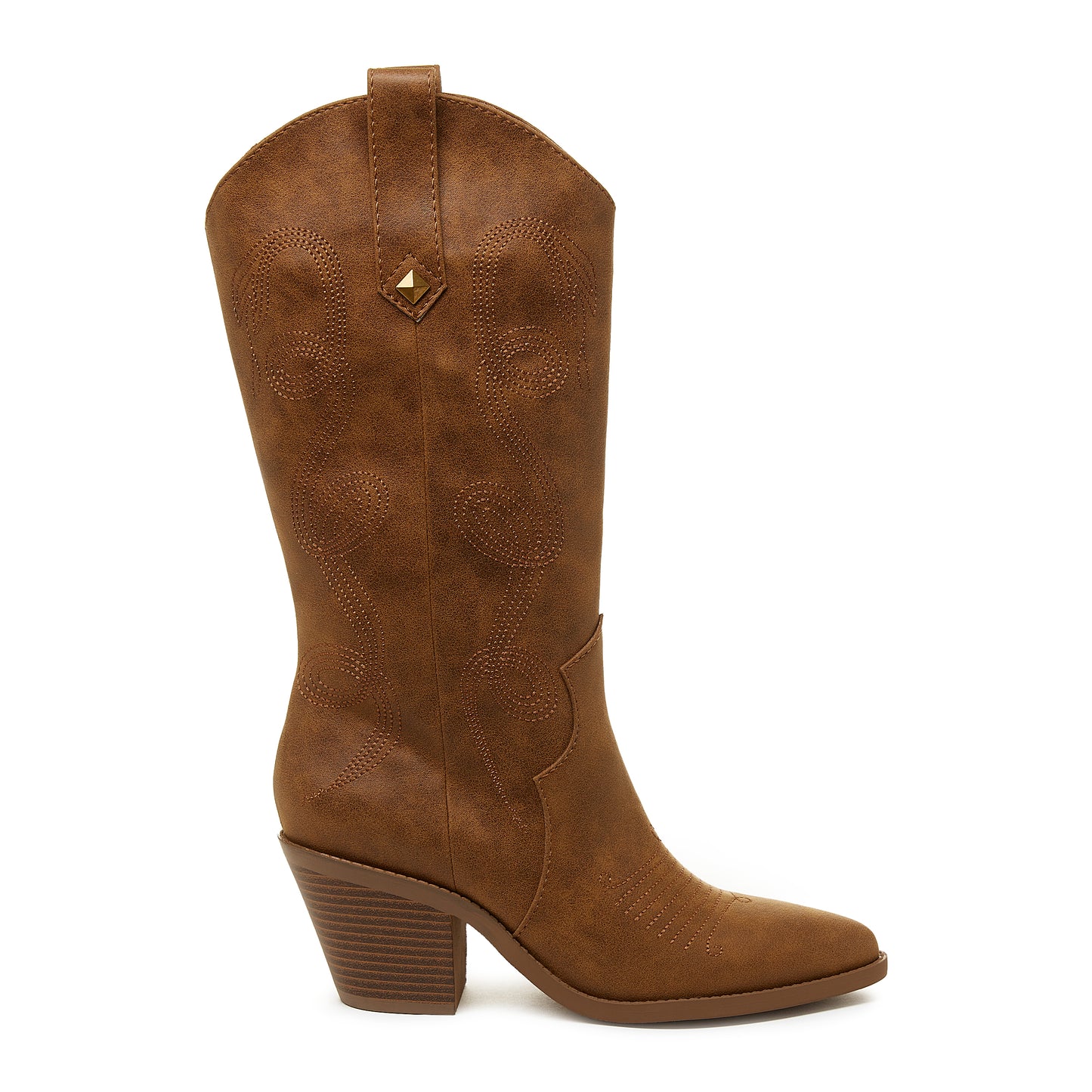 A tall walnut brown western boot with faux leather upper, metal embellishment, and a microfiber lining. It features western stitching, a rubber sole, and pull tabs for closure.