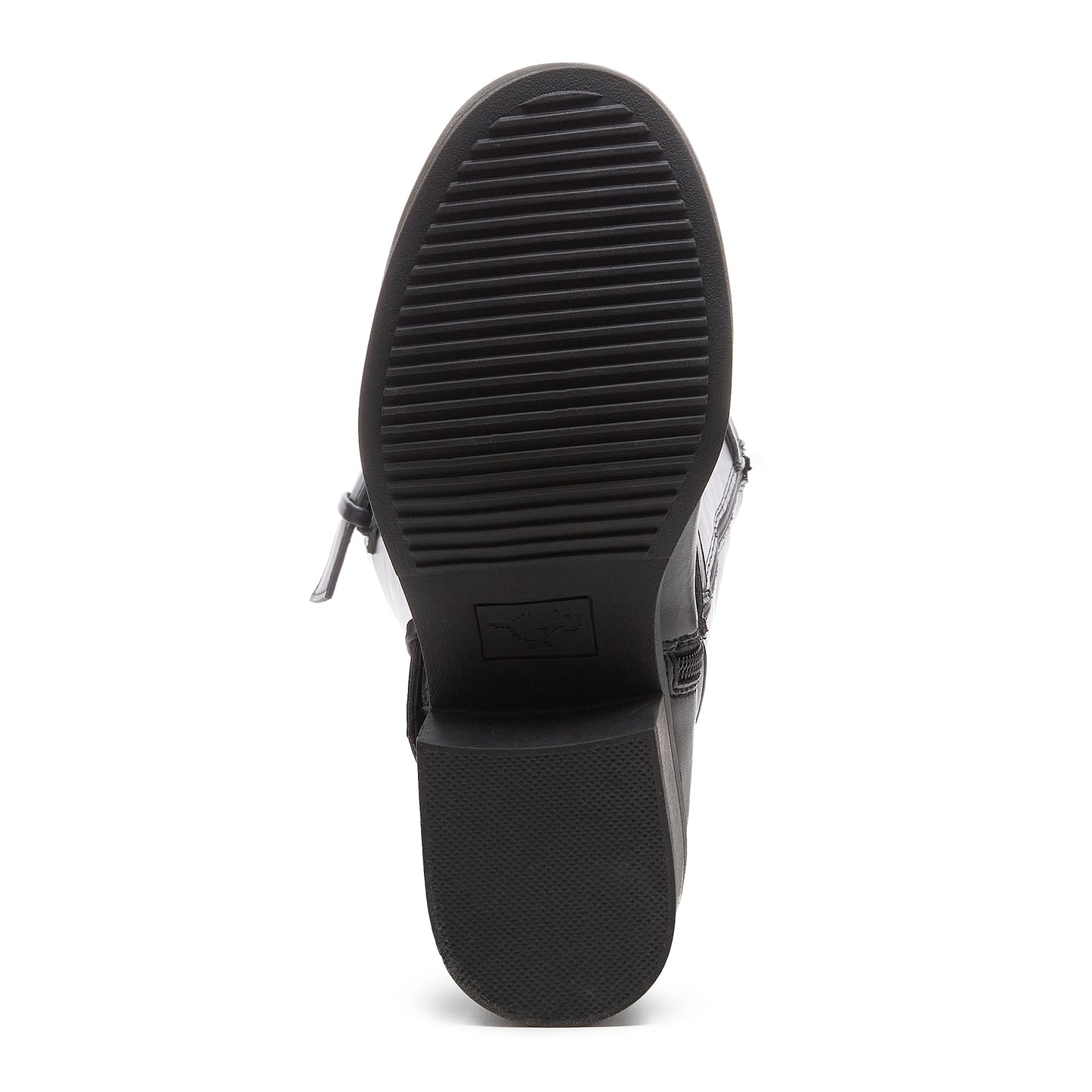 Fillie Black Boots sole view showing black treaded sole and block heel