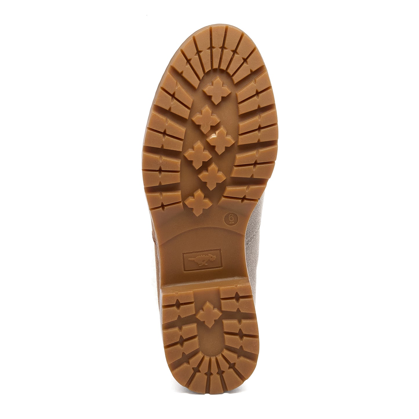 Niche Brown Cuffed Boots sole view showing brown treaded sole and Rocket Dog logo detail