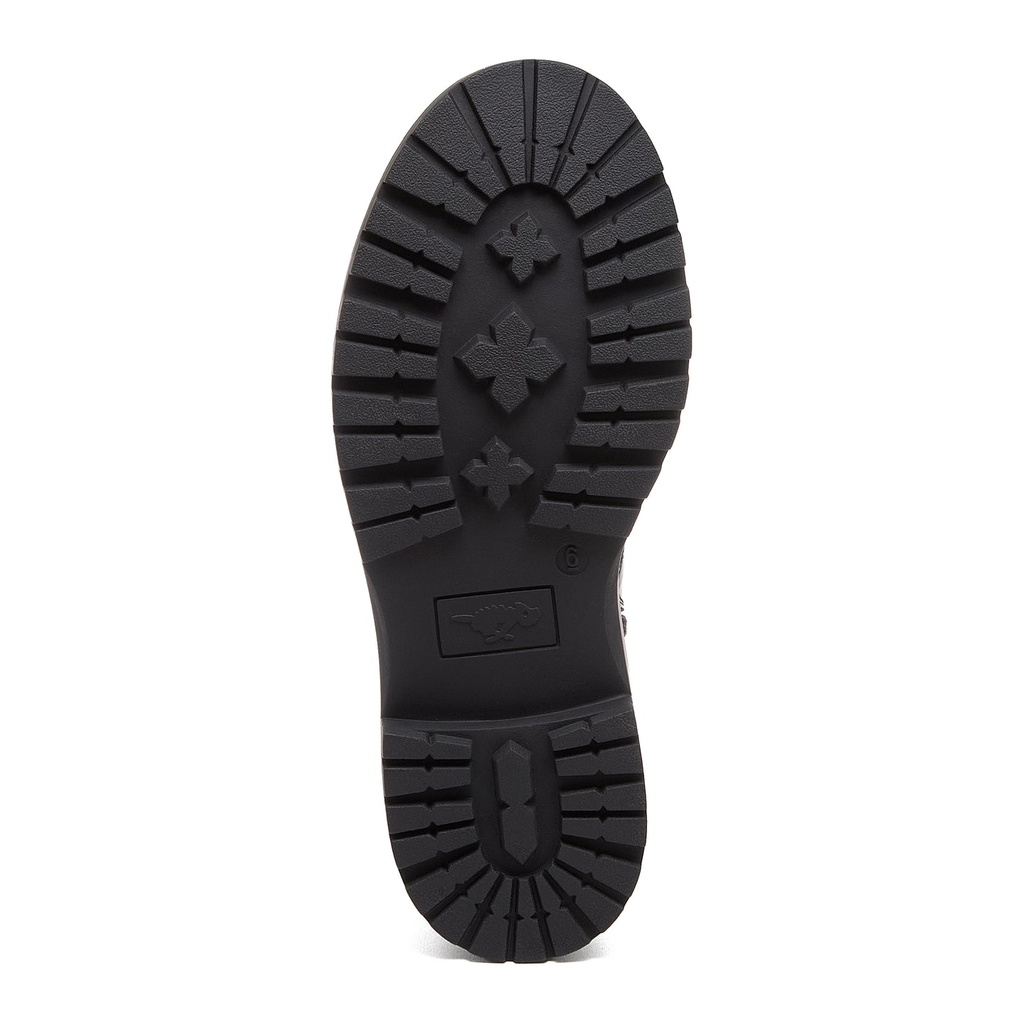 Prima Black Combat Boots in black, sole view showing deep tread pattern and Rocket Dog logo