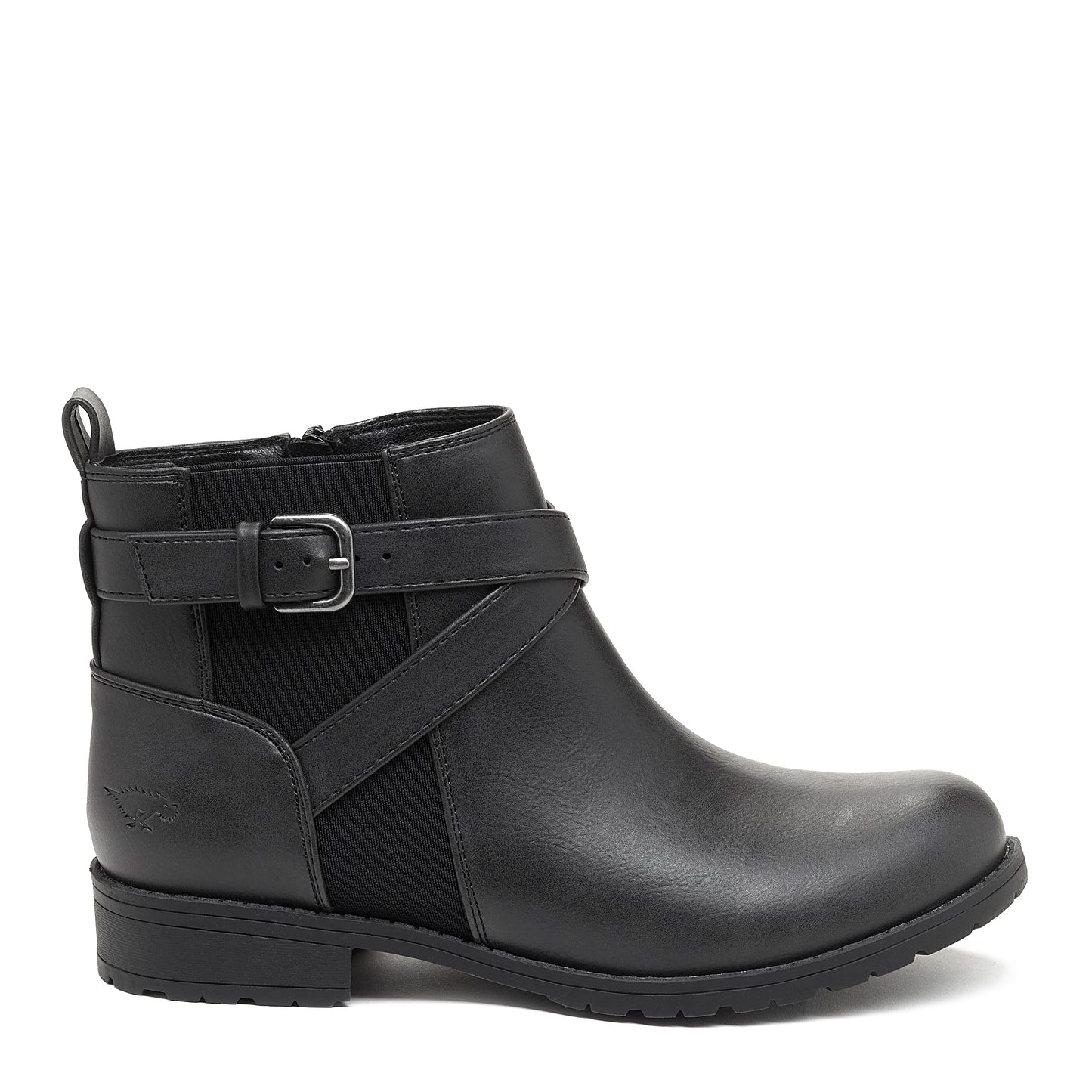 A black ankle boot with a buckle strap detail on the upper, synthetic leather material, with a flat sole and inside zip closure.