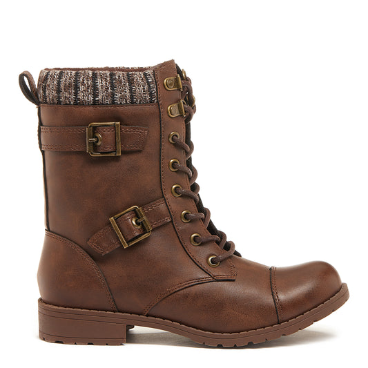 A brown lace-up biker boot with decorative buckles and a knit cuff.