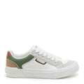 Side view of the Rocket Dog Cheery white olive colour block trainer, white upper with olive and tan panels