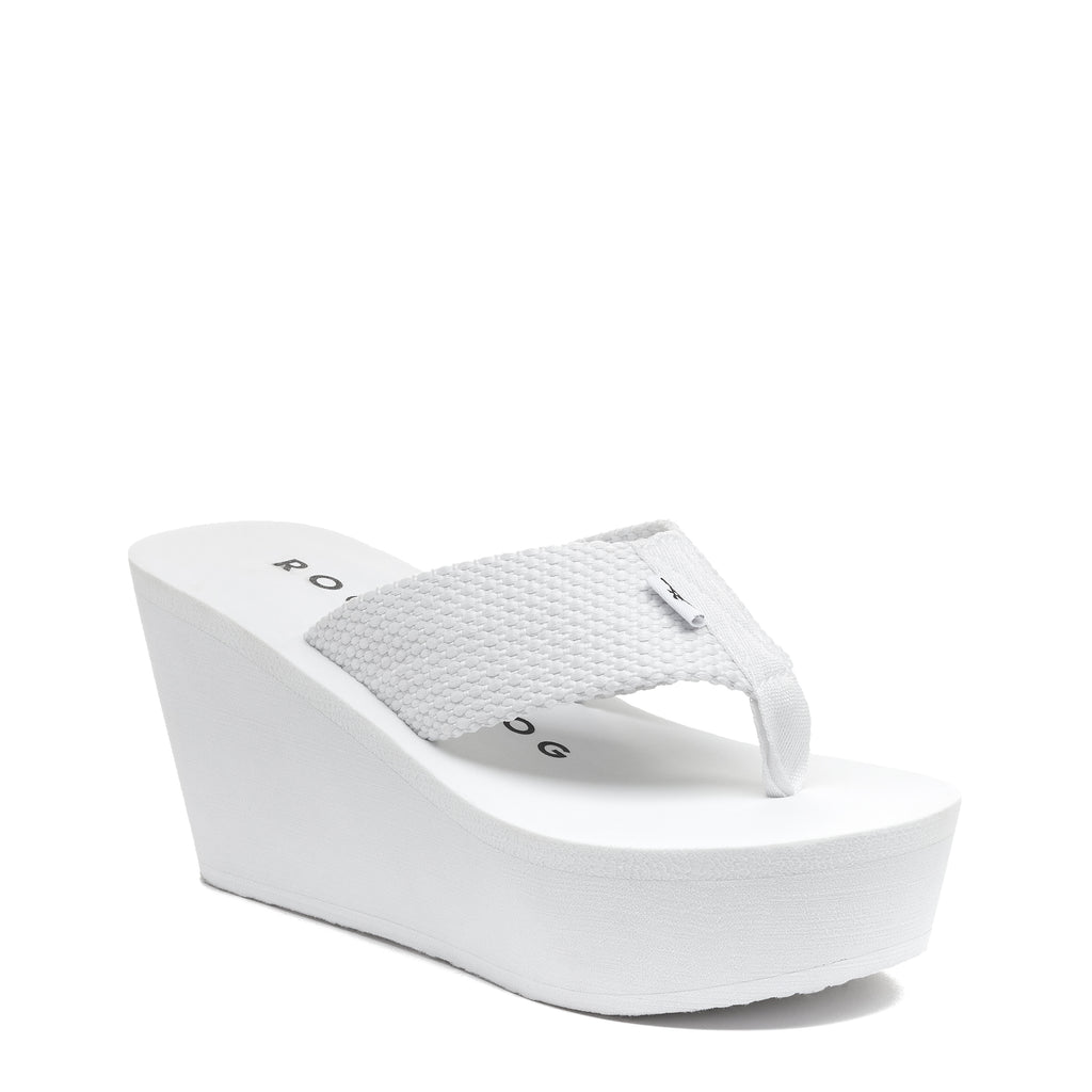 Rocket Dog Diver white wedge flip flop, front angle