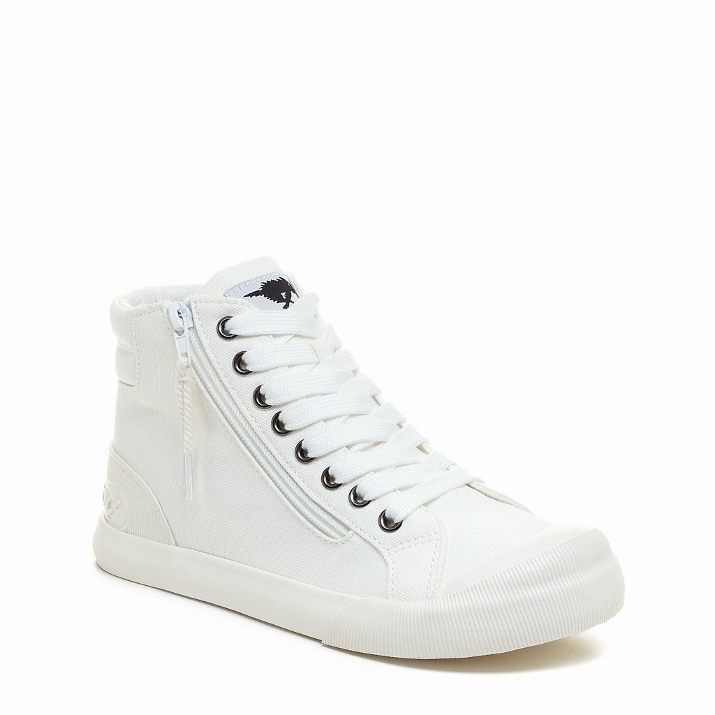 Rocket Dog Jazzin all white high top trainer, front angle