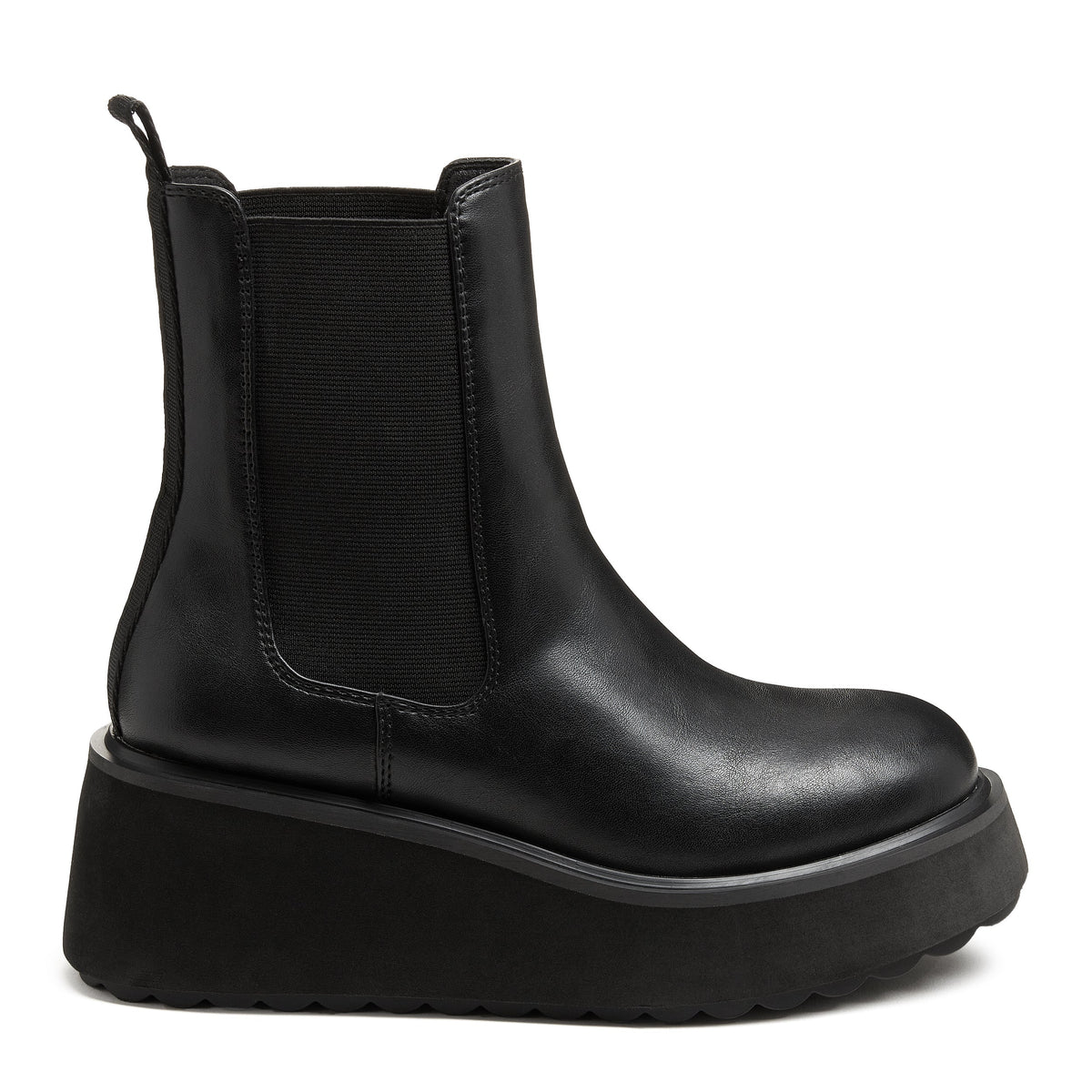 Heyday All Black Platform Chelsea Boot in black, side profile showing the elastic side panel and platform sole.