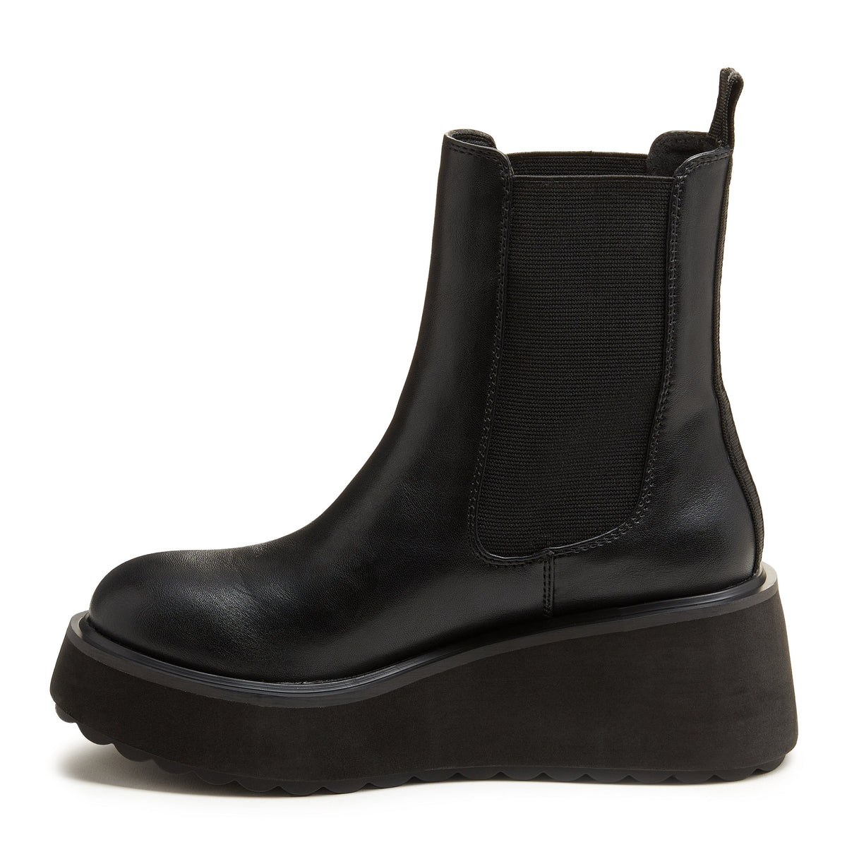 Heyday All Black Platform Chelsea Boot in black, side profile showing the elastic panel, rear pull tab and platform sole.