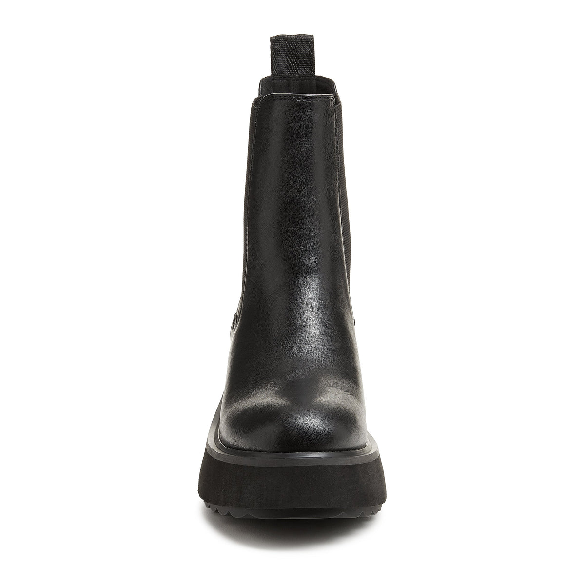 Heyday All Black Platform Chelsea Boot in black, front view showing the rounded toe and chunky platform sole.