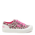 Side view of the Rocket Dog Jazzin Plus pink leopard print trainer, pink leopard canvas and platform sole