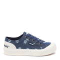 Side view of the Rocket Dog Jazzin Plus denim blue floral print trainer, denim blue floral canvas and platform sole