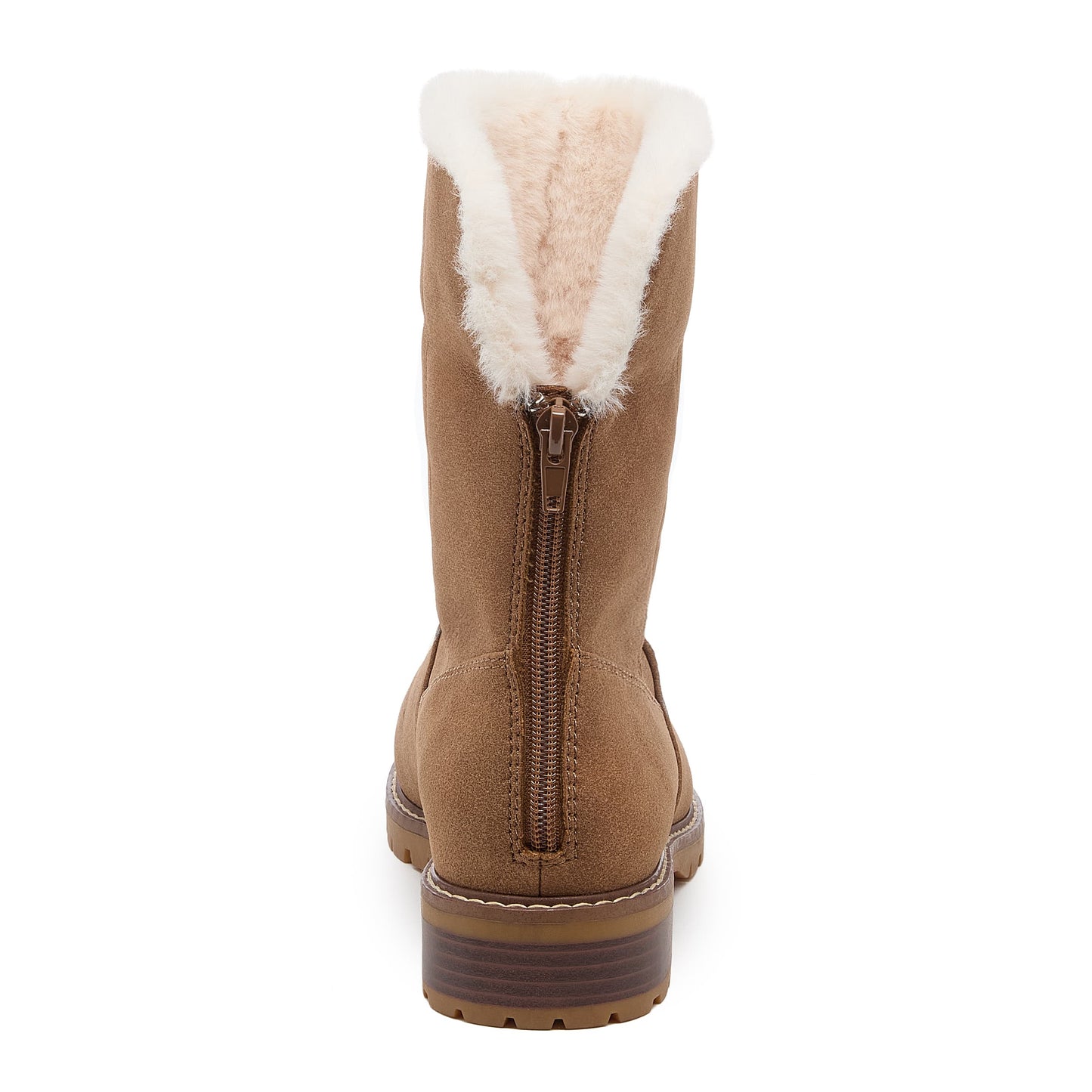 Niche Brown Cuffed Boots back view with cuff turned up and brown zip fastening