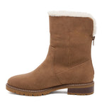 Niche Brown Cuffed Boots side view with cuff turned up, stitched panels and treaded sole