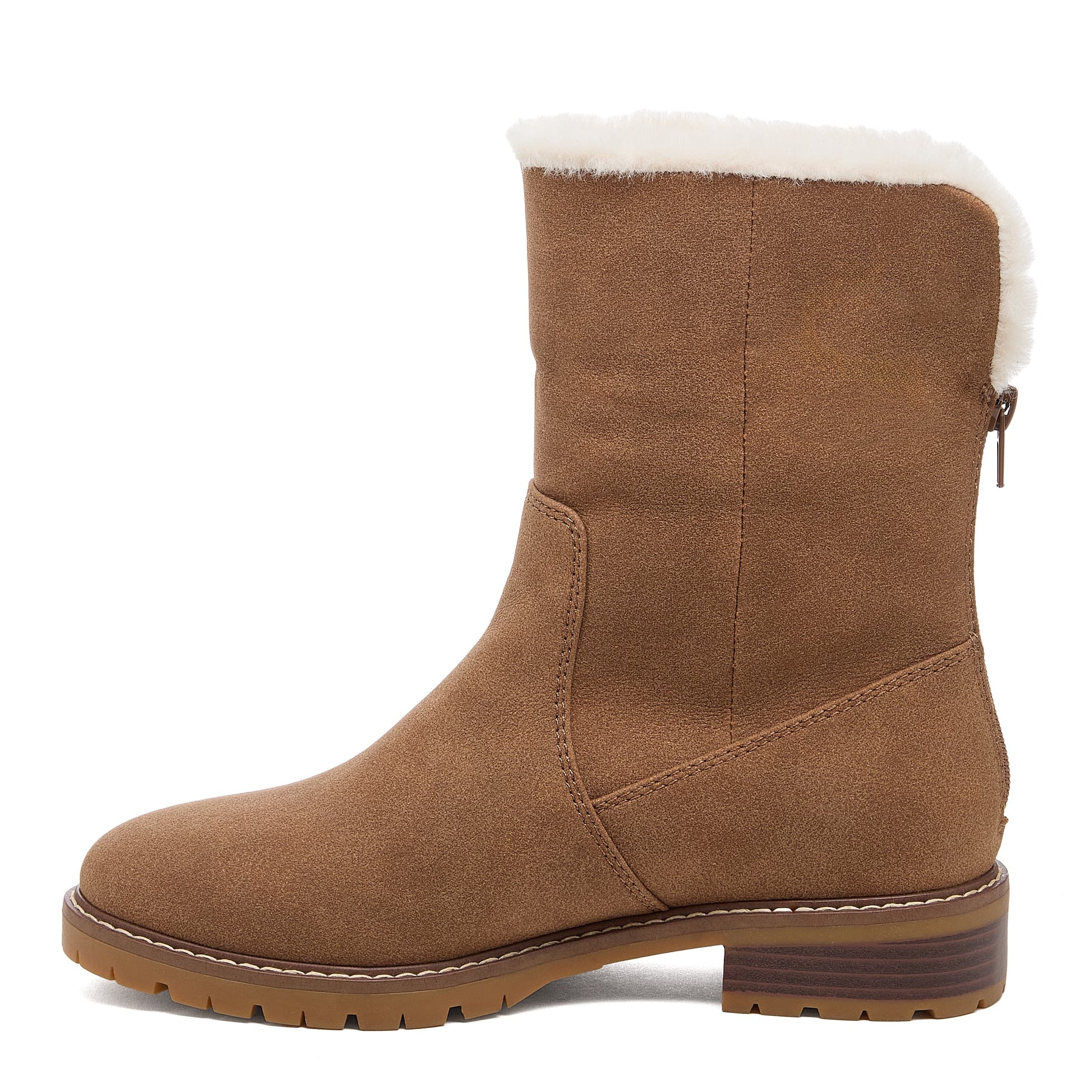 Niche Brown Cuffed Boots side view with cuff turned up, stitched panels and treaded sole