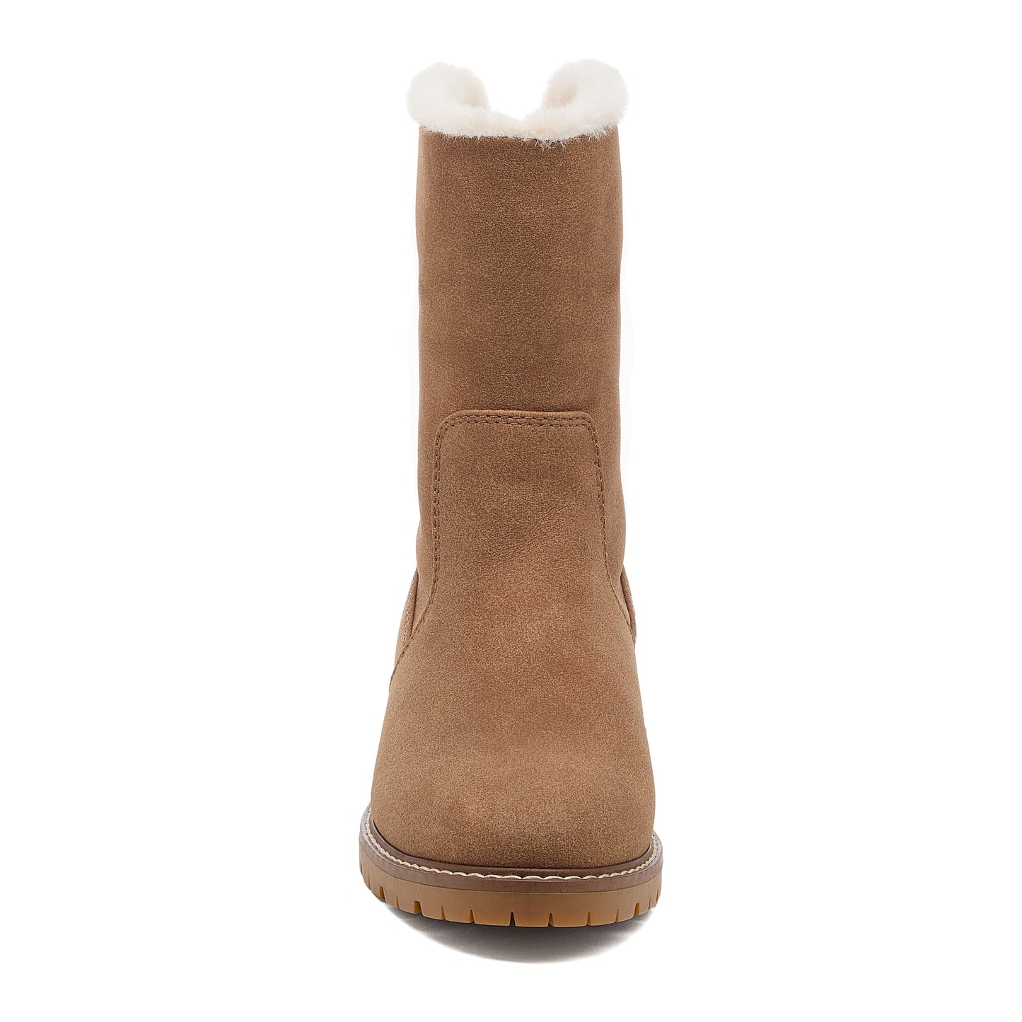 Niche Brown Cuffed Boots front view with cuff turned up and rounded toe