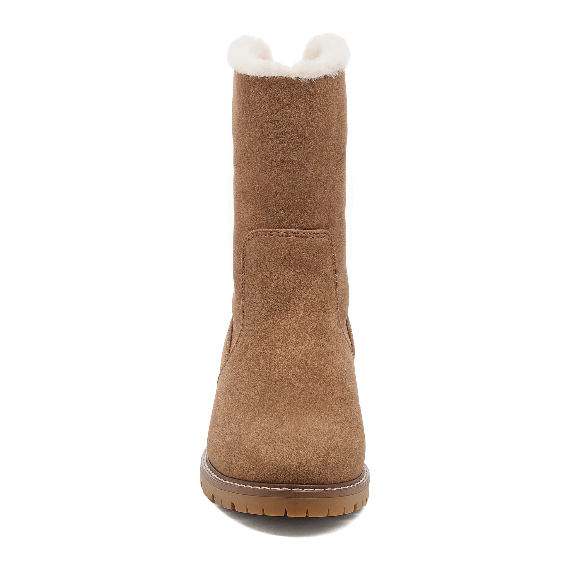 Niche Brown Cuffed Boots front view with cuff turned up and rounded toe
