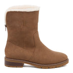 Niche Brown Cuffed Boots side view with cuff turned up, back zip visible and low block heel