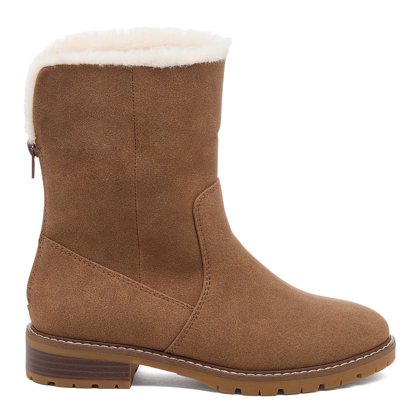 Niche Brown Cuffed Boots side view with cuff turned up, back zip visible and low block heel