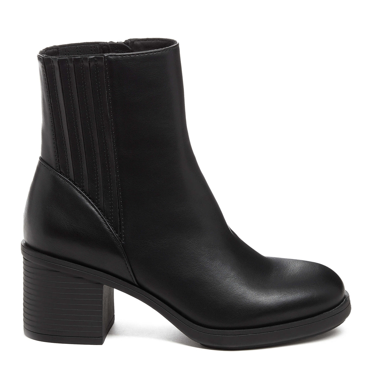 A black faux leather Chelsea boot with a chunky heel and platform sole, featuring a zipper closure.