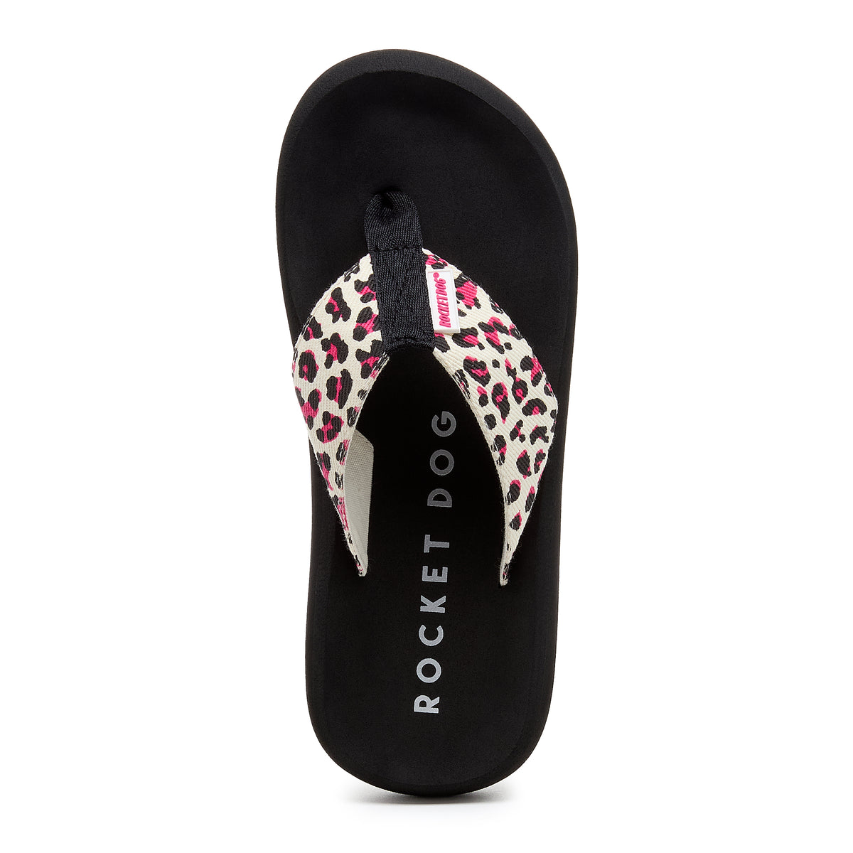 Top-down view of the Spotlight pink leopard print flip flop