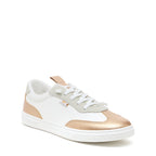 Zap Gold Colour Block Slip-On Trainers in gold and white, front angled view with gold toe panel and white laces