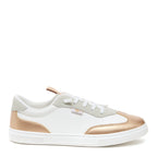 Zap Gold Colour Block Slip-On Trainers in gold and white, side view showing white laces, gold panels and pull tab