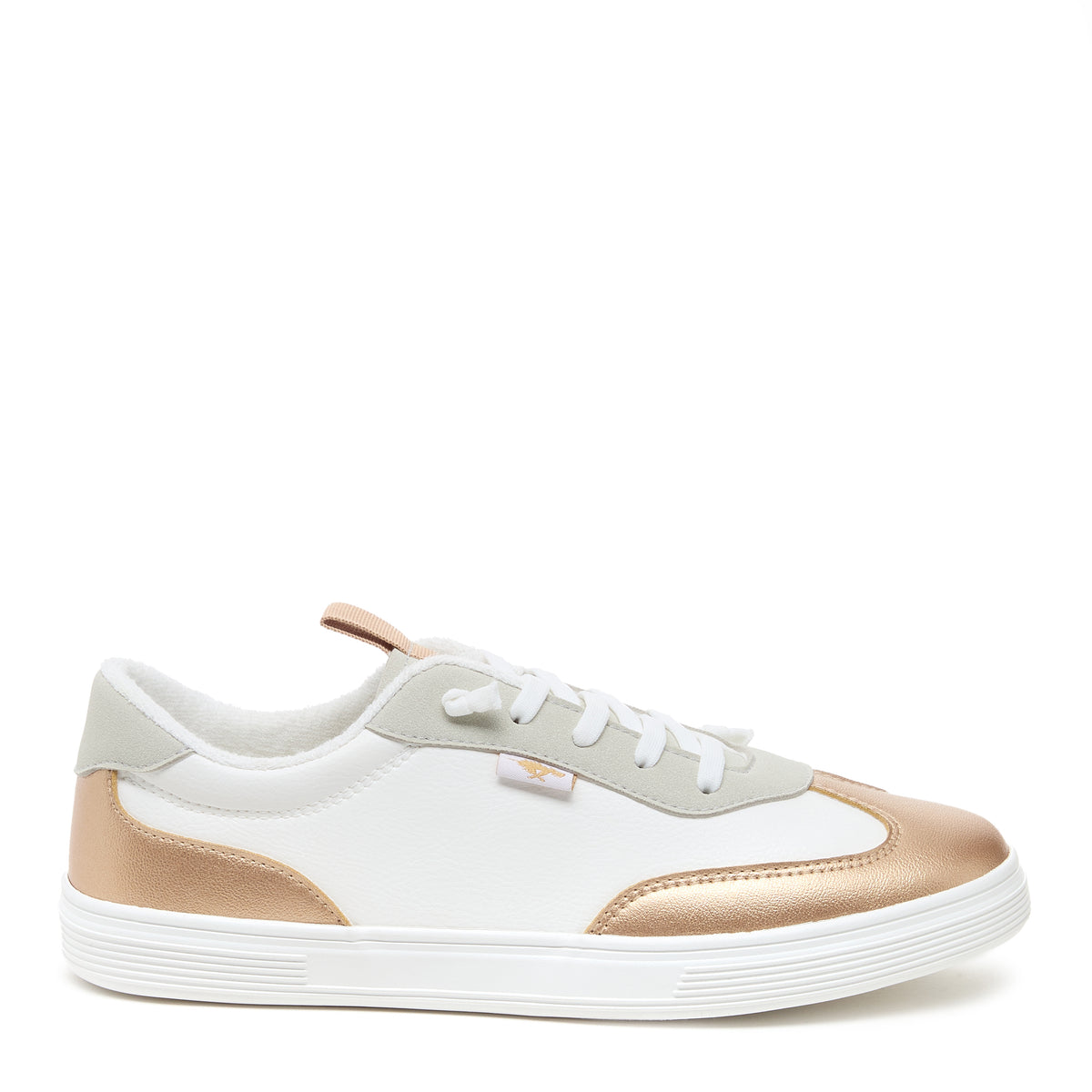 Zap Gold Colour Block Slip-On Trainers in gold and white, side view showing white laces, gold panels and pull tab