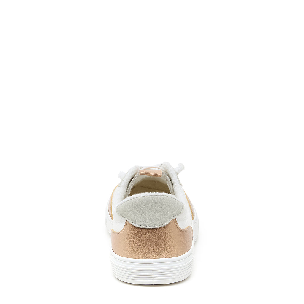 Zap Gold Colour Block Slip-On Trainers in gold and white, rear view showing gold heel panel, pale overlay and white sole