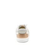 Zap Gold Colour Block Slip-On Trainers in gold and white, rear view showing gold heel panel, pale overlay and white sole