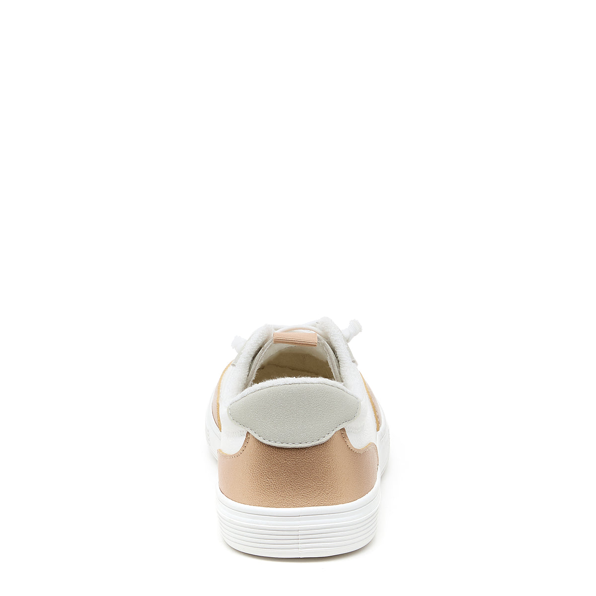 Zap Gold Colour Block Slip-On Trainers in gold and white, rear view showing gold heel panel, pale overlay and white sole