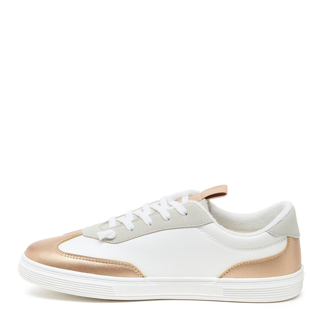 Zap Gold Colour Block Slip-On Trainers in gold and white, side view showing colour block panels and ribbed white sole