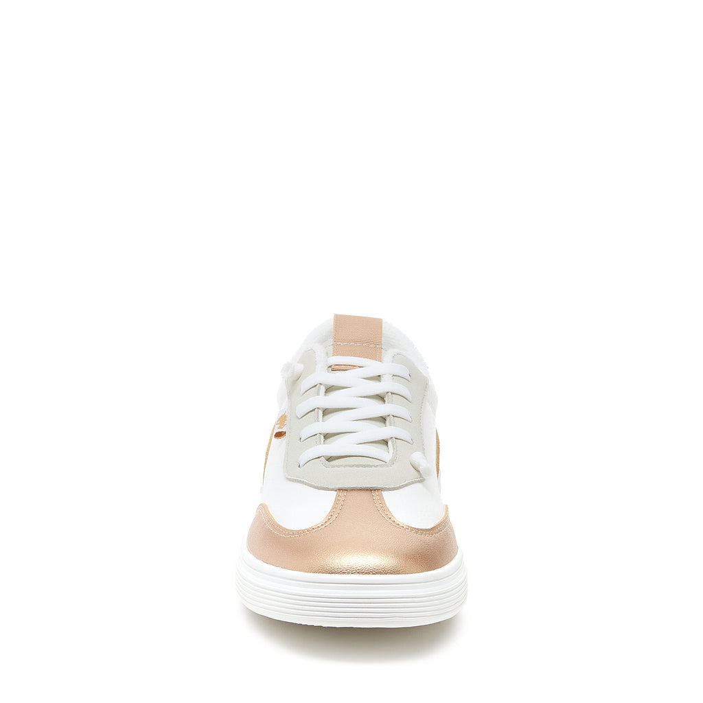 Zap Gold Colour Block Slip-On Trainers in gold and white, front view showing gold toe panel, white laces and ribbed sole