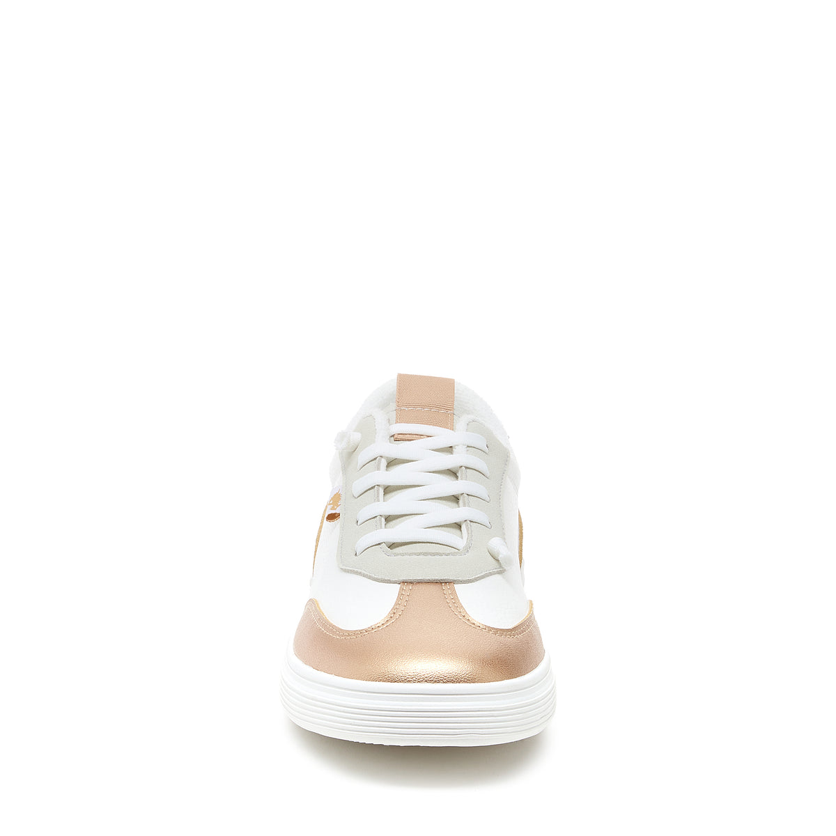 Zap Gold Colour Block Slip-On Trainers in gold and white, front view showing gold toe panel, white laces and ribbed sole