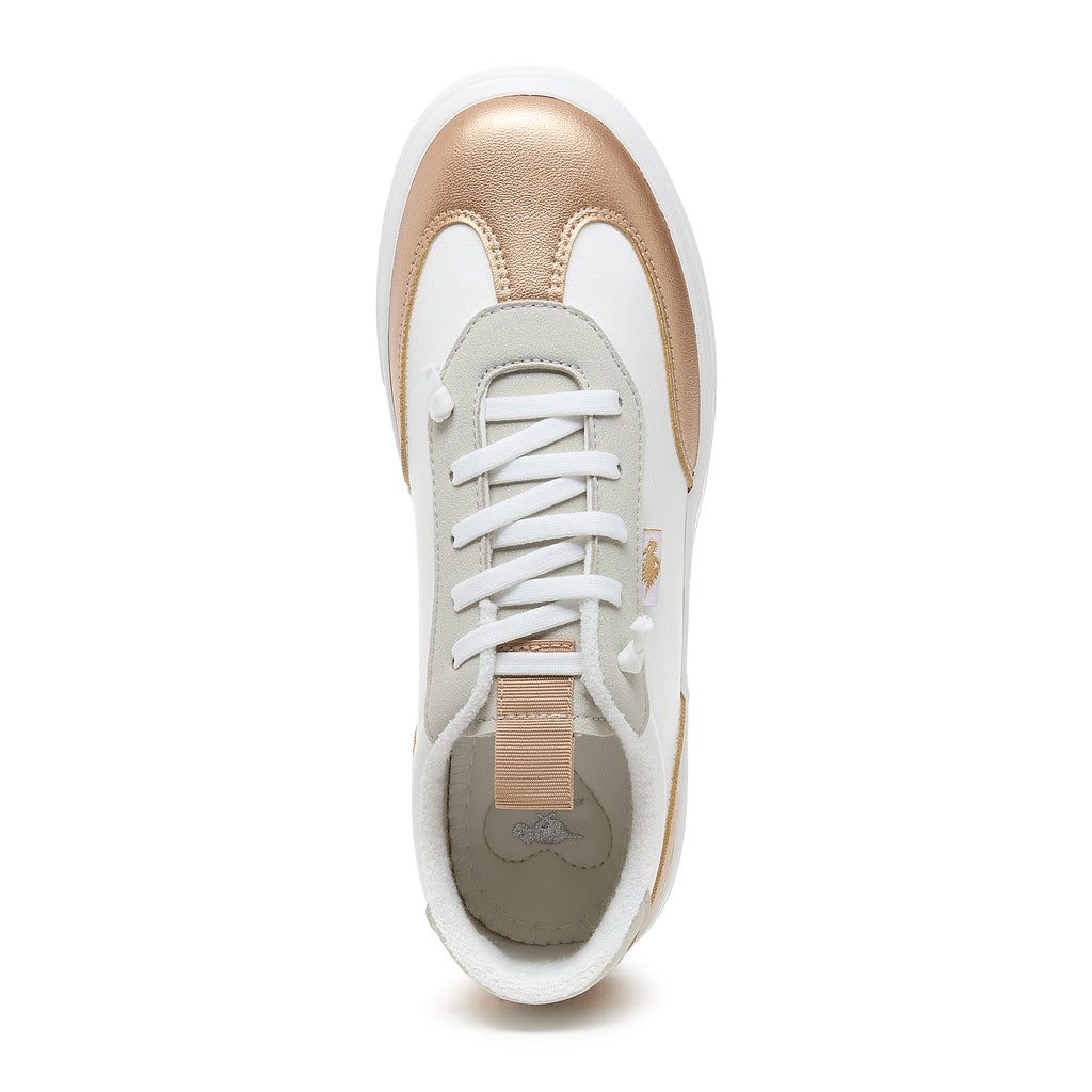 Zap Gold Colour Block Slip-On Trainers in gold and white, top view showing laces, pull tab and gold toe panel