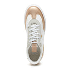 Zap Gold Colour Block Slip-On Trainers in gold and white, top view showing laces, pull tab and gold toe panel