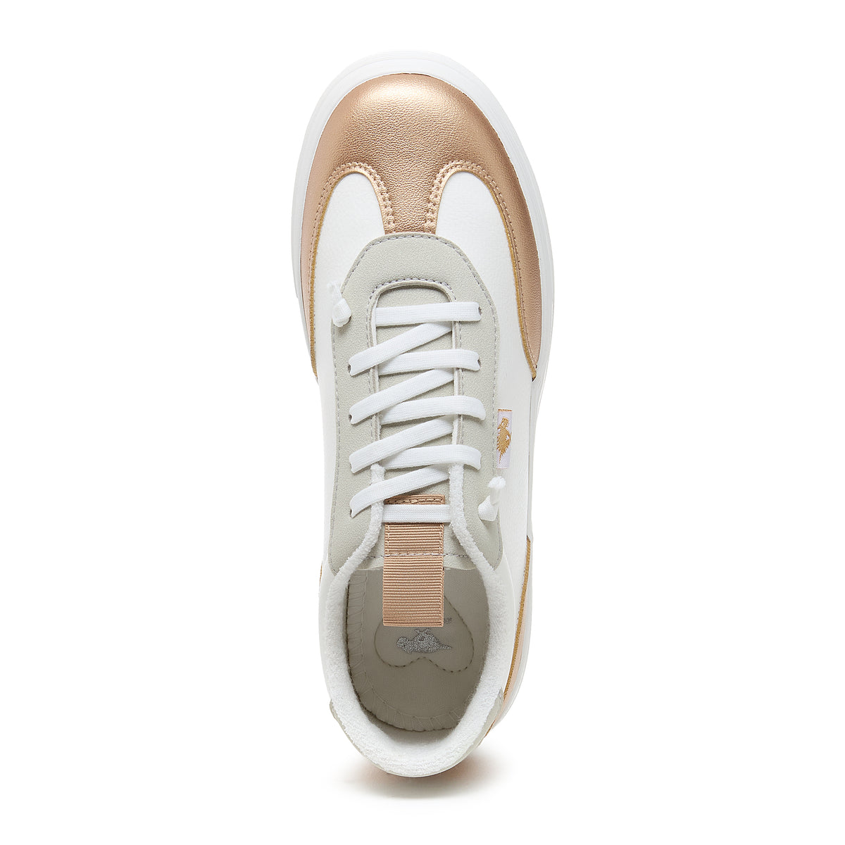 Zap Gold Colour Block Slip-On Trainers in gold and white, top view showing laces, pull tab and gold toe panel