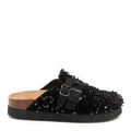 Side view of the Rocket Dog Abel Plus black sequin clog, sparkly black upper with buckle straps