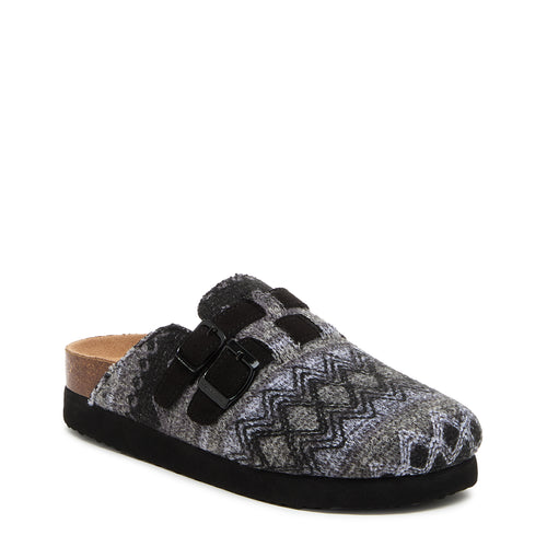 Abel Plus Black Tatum Clogs black casuals angled front view showing black buckle straps and grey patterned upper