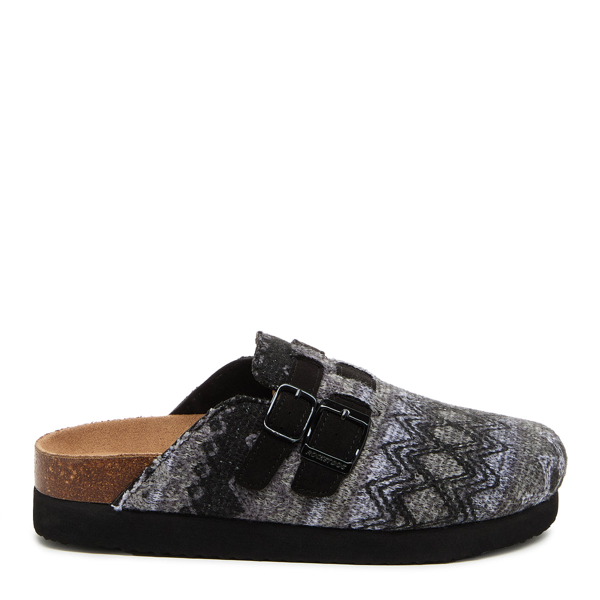 Abel Plus Black Tatum Clogs black casuals side view showing two black buckle straps, tan footbed and black sole