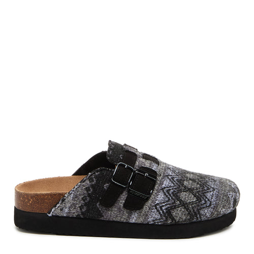 Abel Plus Black Tatum Clogs black casuals side view showing two black buckle straps, tan footbed and black sole