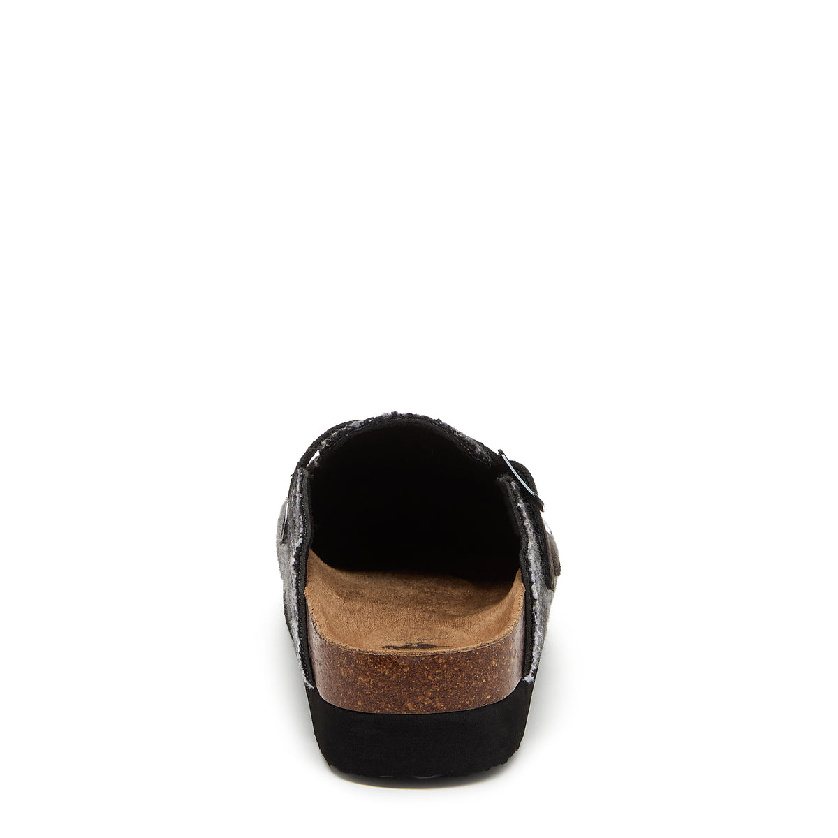 Abel Plus Black Tatum Clogs black casuals back view showing open heel, tan footbed and black sole