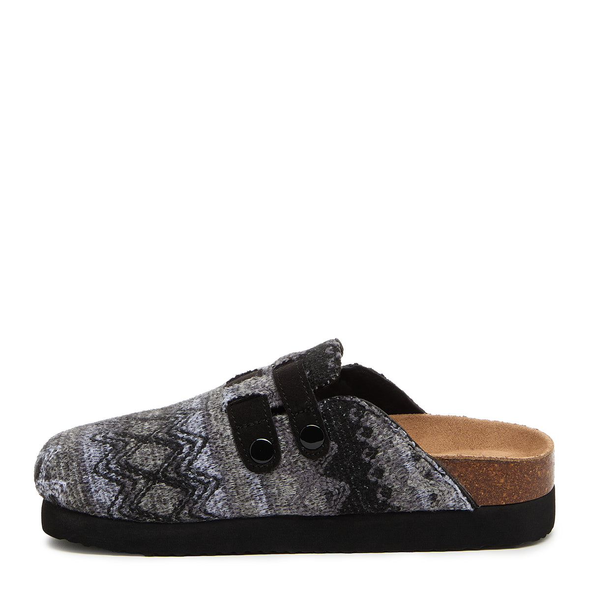 Abel Plus Black Tatum Clogs black casuals side view showing open-back clog shape, patterned upper and straps