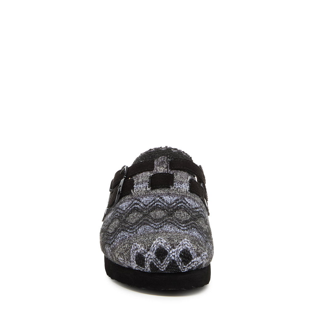 Abel Plus Black Tatum Clogs black casuals front view showing grey and black patterned upper and rounded toe