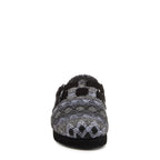 Abel Plus Black Tatum Clogs black casuals front view showing grey and black patterned upper and rounded toe