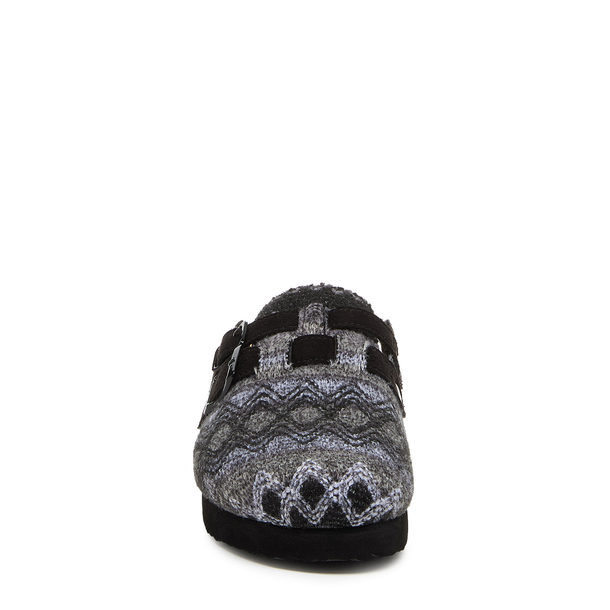 Abel Plus Black Tatum Clogs black casuals front view showing grey and black patterned upper and rounded toe