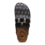 Abel Plus Black Tatum Clogs black casuals top view showing patterned upper, double buckle straps and tan footbed