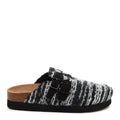 Side view of the Rocket Dog Abel Plus black stripe clog, black and white striped upper with buckle straps