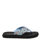 Side view of the Rocket Dog Adios light blue leopard print flip flop, light blue leopard strap on a black platform