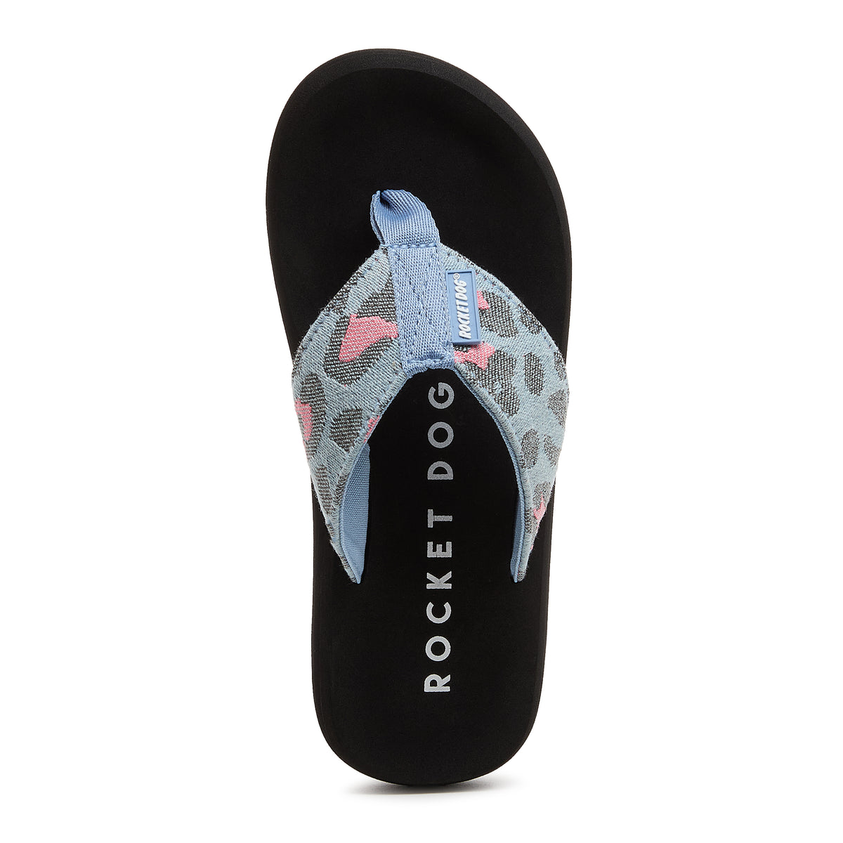 Top-down view of the Adios light blue leopard print flip flop