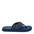Side view of the Rocket Dog Adios navy multi canvas flip flop, navy striped canvas strap on a navy platform