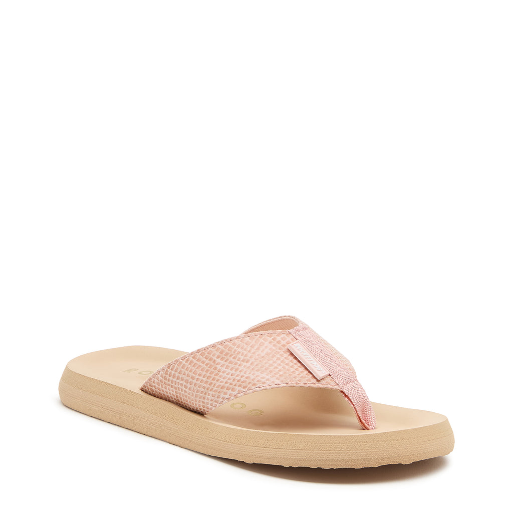Rocket Dog Adios light pink snake print flip flop, front angle